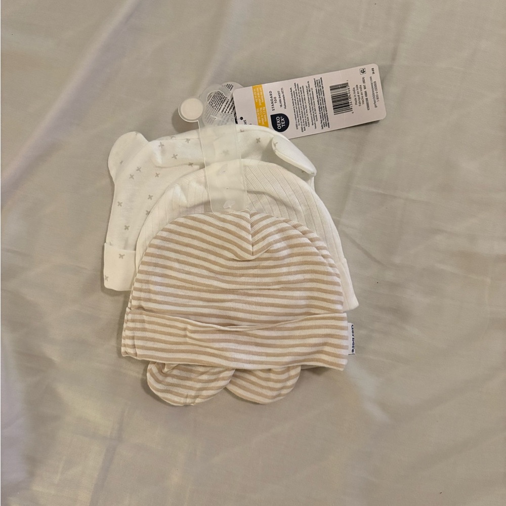 Baby Hat Set - Cream and White with matching mittens
